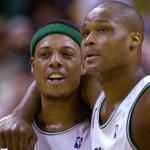 Paul Pierce, left, and Antoine Walker during a 2002 playoff game against Philadelphia. 